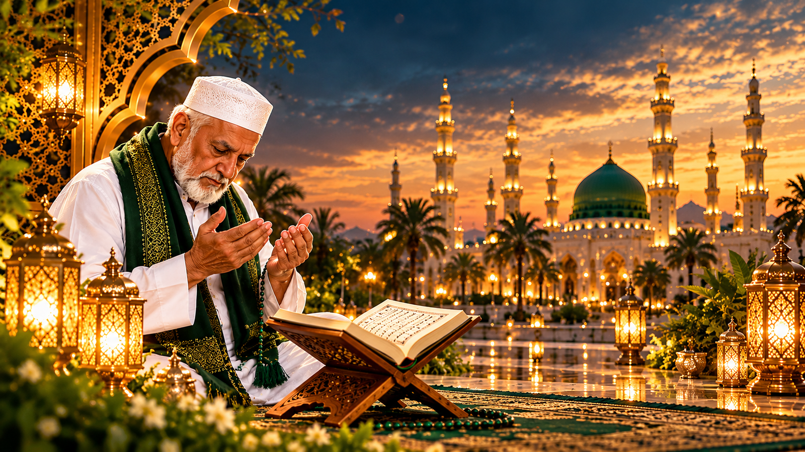 Warm spiritual setting with ornate lights and prayer book